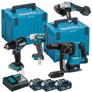 MAKITA DLX8515TJ1 zestaw narzdzi akumulatorowych 18V LXT Li-Ion 3x 5,0Ah (wkrtarka udarowa zakrtarka udarowa szlifierka ktowa motkowiertarka SDS) - 2861466940