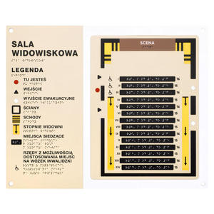 Plan tyflograficzny z pismem Braille'a sali kinowej, teatralnej, widowiskowej - tworzywo ADA, laminat i akryl - wym. 550x445mm - TAB585 - 2877481851