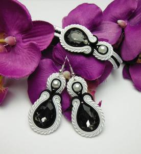 Komplet krysztaowy biay czarny soutache - 2861165511