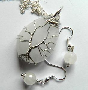 Kwarc biay w oplocie wire wrapping, zestaw biuterii - 2875629238