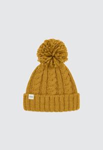 CZAPKA BEANIE Z POMPONEM W WARKOCZOWY SPLOT MUSZTARDOWA - 2877388942