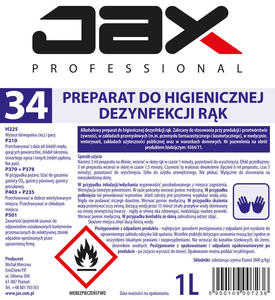 JAX PROFESSIONAL 34 - PREPARAT DO HIGIENICZNEJ DEZYNFEKCJI RK 1L JAX PROFESSIONAL 34 - PREPARAT DO...