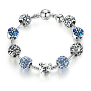 Bransoletka Srebrna Moduowa 21 cm Serce Koraliki Charms Beads Niebieska