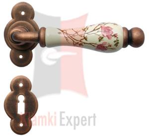 Klamka VIENNA 1-20 z doln rozet na klucz zwyky, porcelana kremowa kwiat brzoskwini - 2825518688