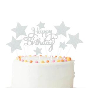 Toppery, dekoracja urodzinowa Happy Birthday i gwiazdki, srebrne - 2865457217