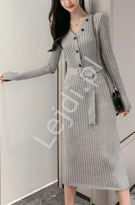 Dzianinowa szara sukienka sweterkowa z guziczkami 4130 - 2874545972