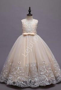 Jasno zota tiulowa sukienka dla dziewczynki z koronkowym zdobieniem 9101 - 2874015020