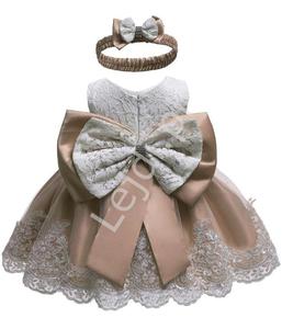 Wizytowa dziecica sukienka na chrzciny z tiulem capuccino, wesele w komplecie z opask 911 - 2868991614