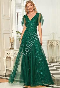 Ciemno zielona sukienka wieczorowa z tiulu z cekinami 0734 - 2877844180