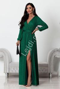 Butelkowo zielona brokatowa sukienka z dugim rkawem, wyszczuplajca sukienka na wesele, Salma 2 - 2875218899