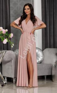 Brokatowa jasno różowa suknia z rękawkami typu motylek Bella - 2871670288