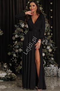 Czarna brokatowa sukienka z dugim rkawem, wyszczuplajca sukienka na wesele, Salma 2 - 2875218901