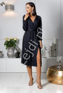 Czarna brokatowa sukienka Plus Size z dugim rkawem, wyszczuplajca sukienka Midi Salma - 2871867527