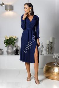 Granatowa brokatowa sukienka Plus Size z dugim rkawem, wyszczuplajca sukienka Midi Salma - 2871867529