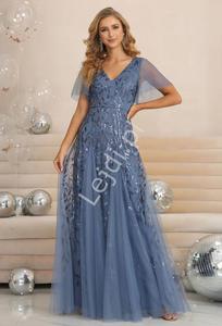 Fenomenalna suknia wieczorowa z haftami listkami z cekinw, kolor jeans 0734 - 2877844187