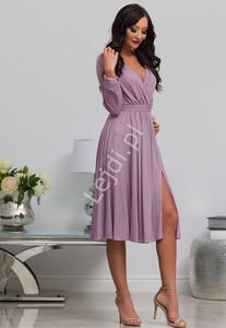 Elegancka sukienka brokatowa wrzosowa kolorze, Midi Salma - 2877265542