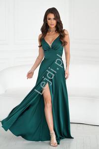 Butelkowo zielona sukienka z satyny, duga sukienka na wesele, na studniwk HB282 - 2877265544