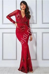 Luksusowa sukienka wieczorowa z cekinowym zdobieniem, czerwona sukienka na Sylwestra, wesele, bal, Goddiva 1824 - 2877933295