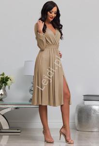 Ciemno zota brokatowa sukienka Plus Size z dugim rkawem, wyszczuplajca sukienka Midi Salma - 2876777189