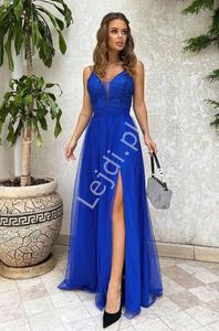 Tiulowa sukienka wieczorowa w chabrowym kolorze, duga sukienka na wesele, na studniwk HB300 - 2877470723