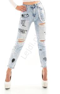 Niebieskie jeansy mom fit, luniejsze jeasny z wysok tali, spodnie z napisami i acuchem 3422 - 2878266670