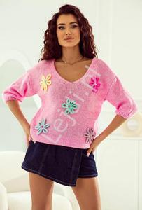 Jasno rowy sweter oversize z kwiatkami Daisy Daze Polski Producent - 2878400348