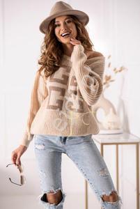 Beowy sweter z greckim wzorem w kolorze mocca, sweter oversize Polski Producent - 2878400364