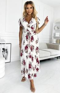 Numoco 434-7 LISA plisowana sukienka midi z dekoltem i falbankami - 2875203561