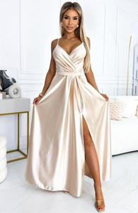 Numoco 512-3 JULIET elegancka duga satynowa suknia z dekoltem i rozciciem na nog - 2878731171
