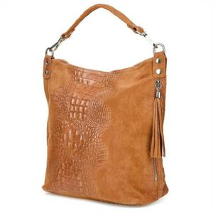 VERA PELLE torebka zamszowa damska shopper worek z frdzelkiem kroko V476 camel - 2871072768