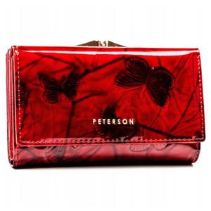 PETERSON portfel damski skrzany elegancki lakierowany z motylami z biglem P166 czerwony - 2877147105