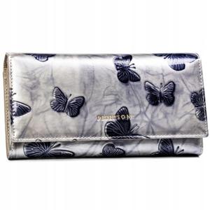 PETERSON portfel damski skrzany elegancki lakierowany z motylami P186 srebrny - 2877465403