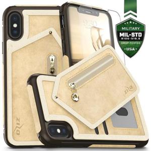 Zizo Nebula Wallet Case - Skrzane etui iPhone X z kieszeniami na karty + saszetka na zamek + szko 9H na ekran (Tan/Brown) - 2862391566
