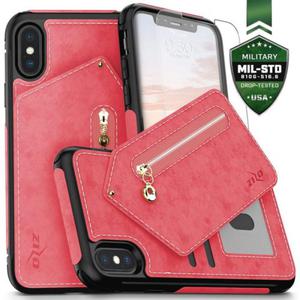 Zizo Nebula Wallet Case - Skrzane etui iPhone X z kieszeniami na karty + saszetka na zamek + szko 9H na ekran (Pink/Black) - 2862391567
