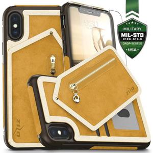 Zizo Nebula Wallet Case - Skrzane etui iPhone X z kieszeniami na karty + saszetka na zamek + szko 9H na ekran (Light Brown/Brown) - 2862391568