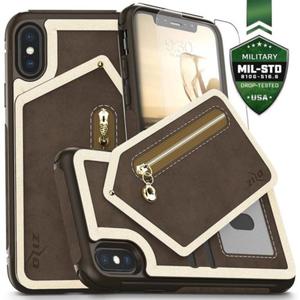 Zizo Nebula Wallet Case - Skrzane etui iPhone X z kieszeniami na karty + saszetka na zamek + szko 9H na ekran (Dark Brown/Brown) - 2862391569