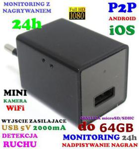 Mikro-Kamera FULL HD WiFi/P2P (Zasig Cay wiat!) Ukryta w Zasilaczu / adowarce USB + Zapis... - 2861345948