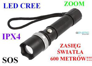 Metalowa Latarka Taktyczna SWAT LED CREE + ZOOM + SOS +... - Zasig wiata 600 Metrw!! - 2861345994