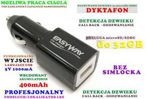 Podsuch Otoczenia (cay wiat!!) Ukryty w adowarce Samochod. USB + Zapis + Detekcja Dwiku VOX... - 2869983258