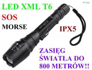 Profesjonalna Latarka Taktyczna LED CREE + ZOOM + SOS + Alfabet Morse'a - Zasig wiata 800 Metrw! - 2870346092