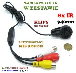 Mini Kamera Przewodowa Dzienno-Nocna (8x Black IR) 1000TVL, Kolorowa z Foni + Klips + Zasilacz. - 2878850049