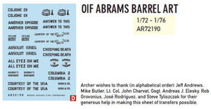 Archer AR72190 OIF M1A1, A2 Abrams barrel art (1/72-76)