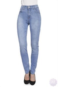 Damskie jasne niebieskie spodnie jeansowe z wysokim stanem PREMIUM (VF674) - 2834661484