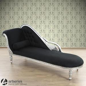 Srebrny szezlong z czarn tapicerk, stylowa sofa drewniana 117204