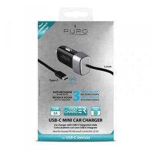 PURO Fast Charger Mini Car Charger - Uniwersalna adowarka samochodowa z kablem USB-C o dwustronnym wtyku, 3 A (czarny) - 2857920431