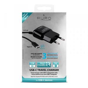 PURO Fast Charger Mini Travel Charger - Uniwersalna adowarka sieciowa z kablem USB-C o dwustronnym wtyku, 3 A (czarny) - 2857370632