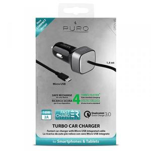 PURO Fast Compact Mini Car Charger - Uniwersalna adowarka samochodowa z kablem Micro USB, 2 A, Qualcomm QC 3.0 (czarny) - 2856701464