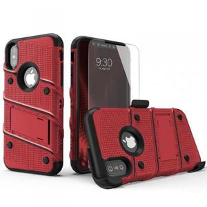 Zizo Bolt Cover - Pancerne etui iPhone X szkem 9H na ekran + podstawka & uchwyt do paska (Red/Black) - 2858320512