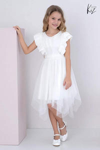 Asymetryczna, elegancka sukienka z naszyjnikiem z pereek, falbankami i tiulowym paskiem - ecru - 2873522980