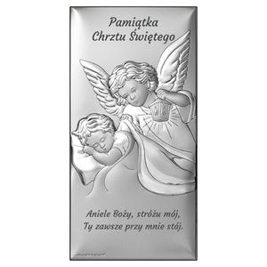 Srebrny obrazek na chrzest z anioem strem nowoczesny pamitka chrztu z grawerem | Rozmiar: 6x12 cm | SKU: BC6768S2/2 - 2871483221
